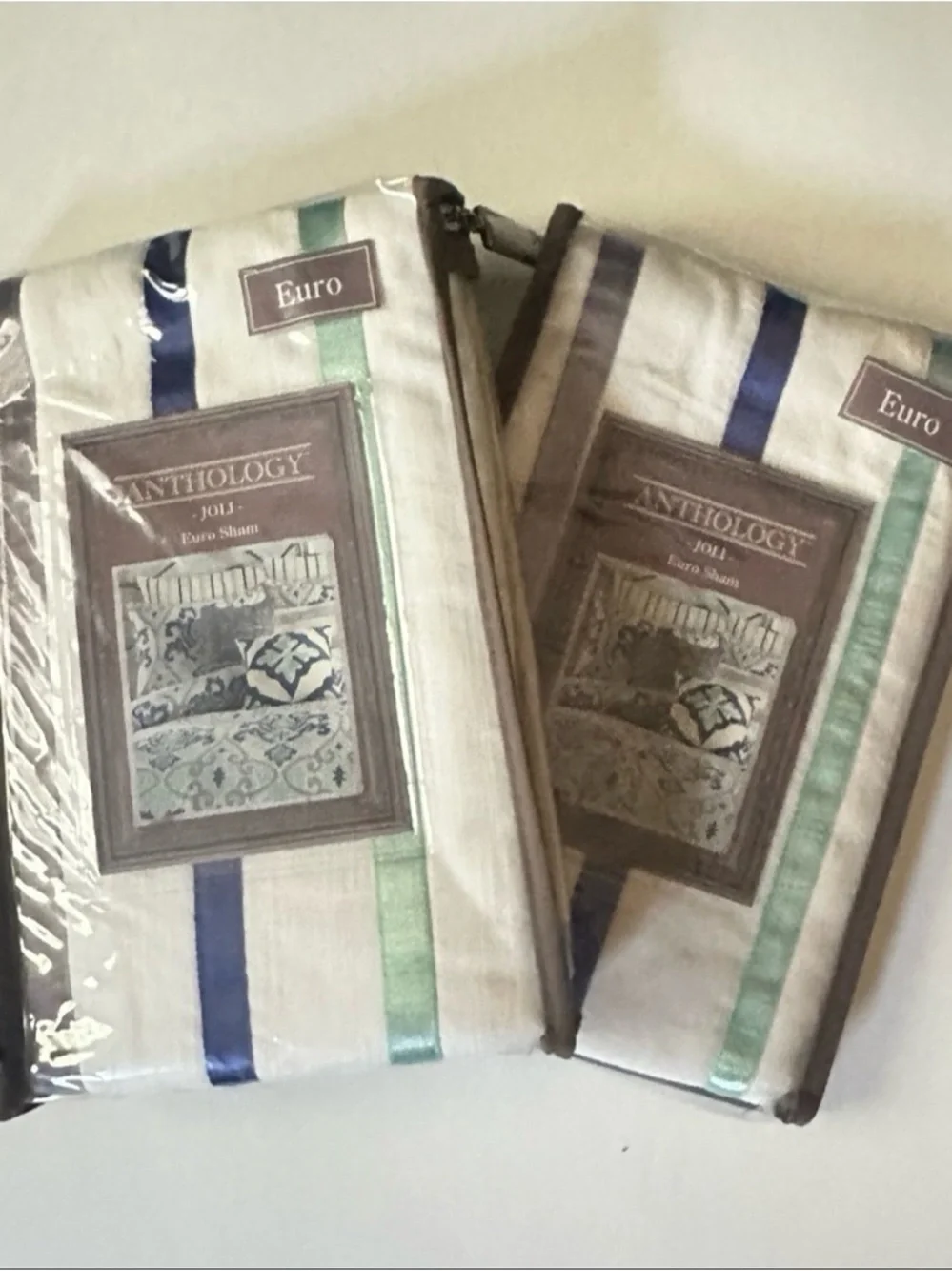 NWT Soft Cotton Jolie European Pillow Shams – Blue, Mint & Grey Stripes Set of 2
